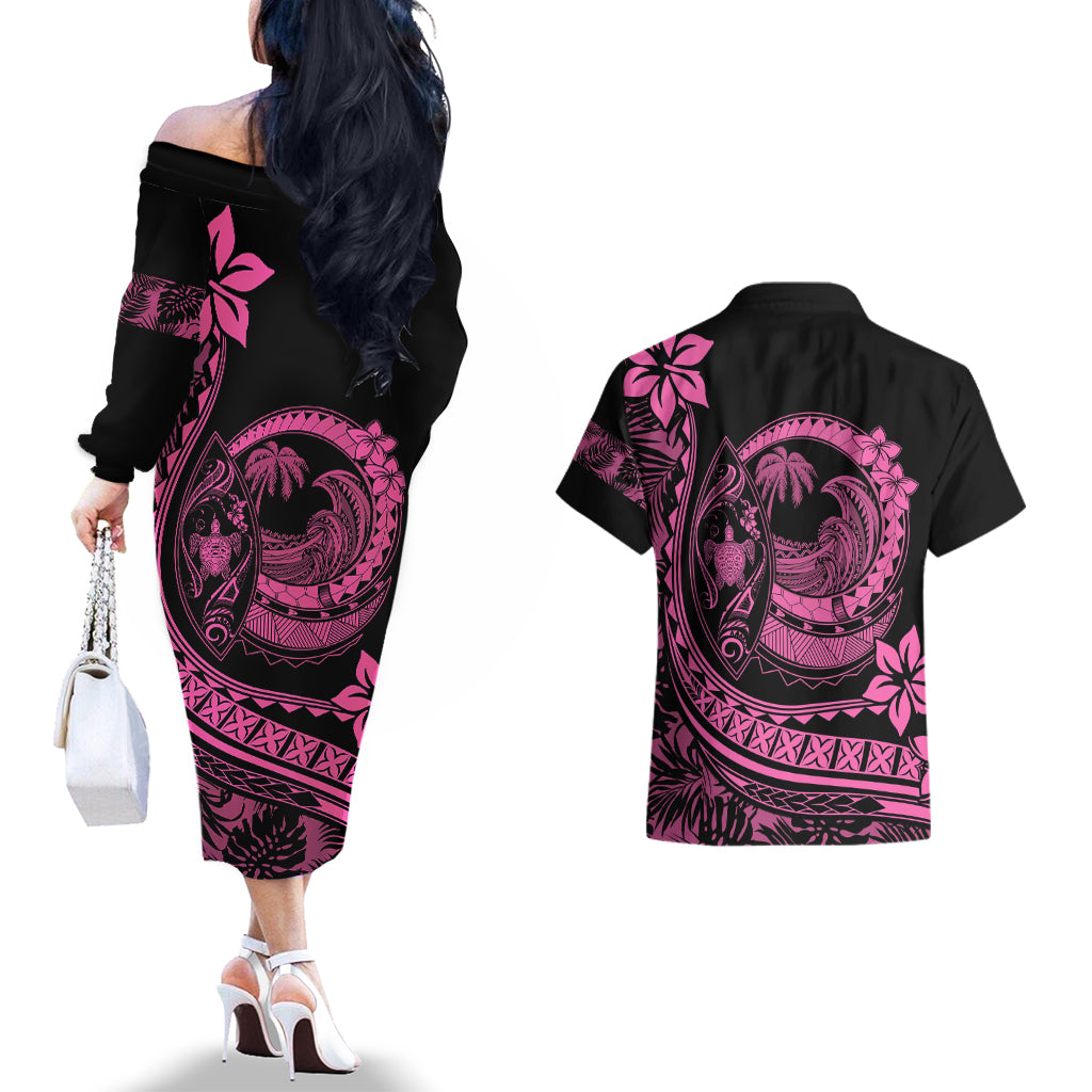 Polynesian Plumeria Couples Matching Off The Shoulder Long Sleeve Dress and Hawaiian Shirt Ride The Waves - Pink LT7 - Wonder Print Shop