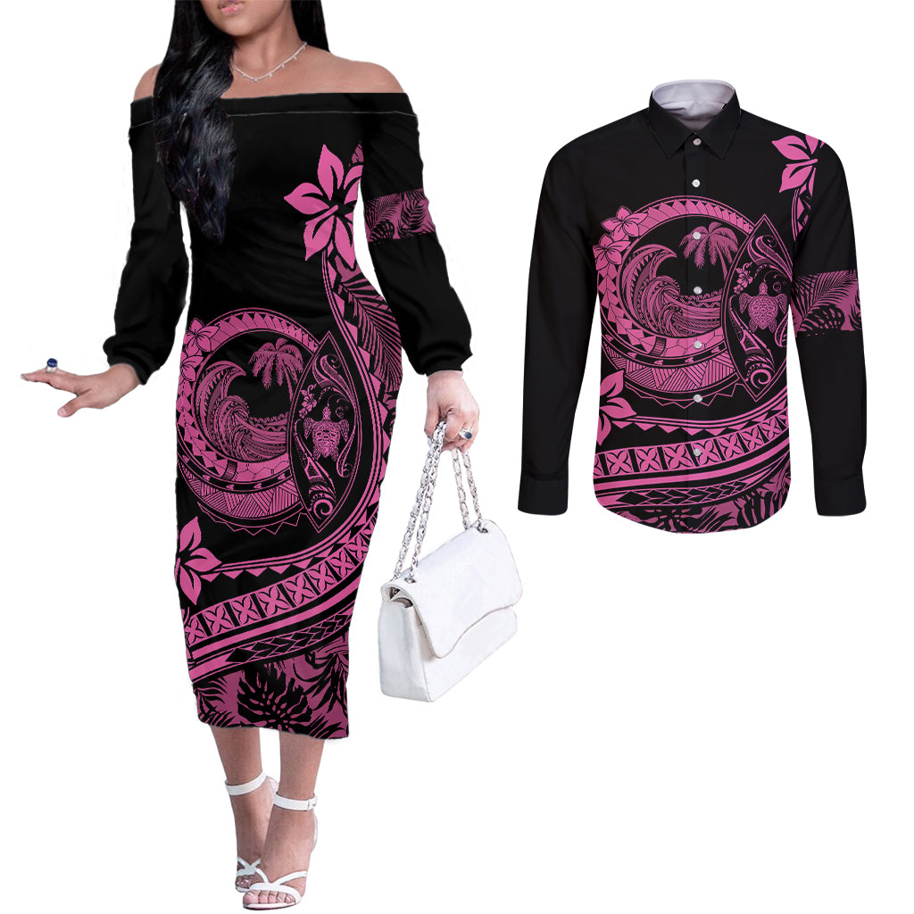 polynesian-plumeria-couples-matching-off-the-shoulder-long-sleeve-dress-and-long-sleeve-button-shirts-ride-the-waves-pink
