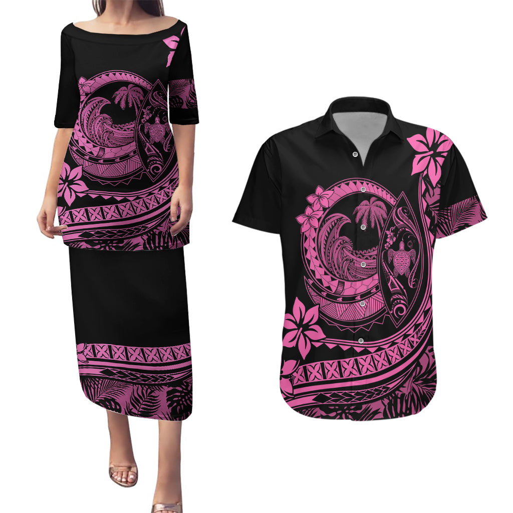 Polynesian Plumeria Couples Matching Puletasi Dress and Hawaiian Shirt Ride The Waves - Pink LT7 - Wonder Print Shop