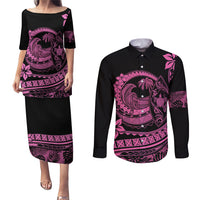 Polynesian Plumeria Couples Matching Puletasi Dress and Long Sleeve Button Shirts Ride The Waves - Pink LT7 - Wonder Print Shop