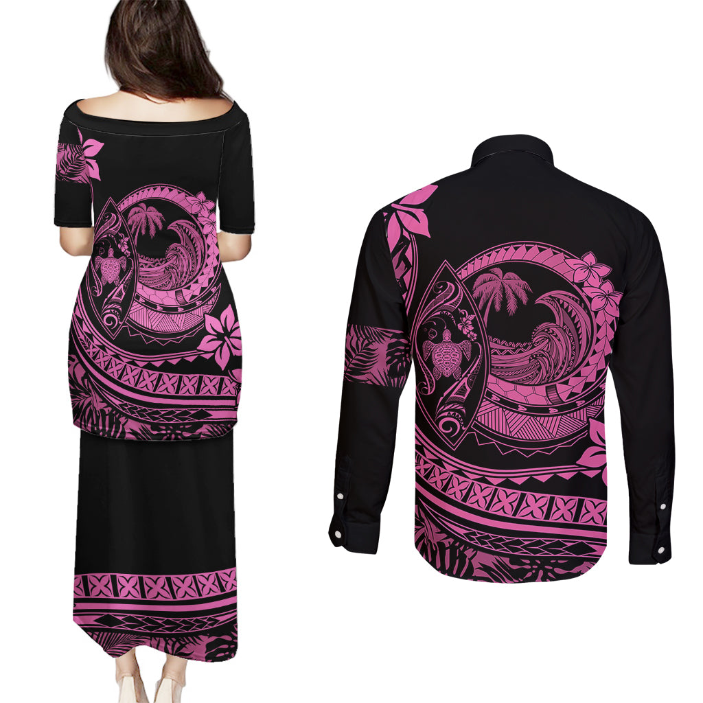 Polynesian Plumeria Couples Matching Puletasi Dress and Long Sleeve Button Shirts Ride The Waves - Pink LT7 - Wonder Print Shop