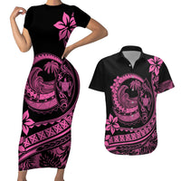 Polynesian Plumeria Couples Matching Short Sleeve Bodycon Dress and Hawaiian Shirt Ride The Waves - Pink LT7 - Wonder Print Shop