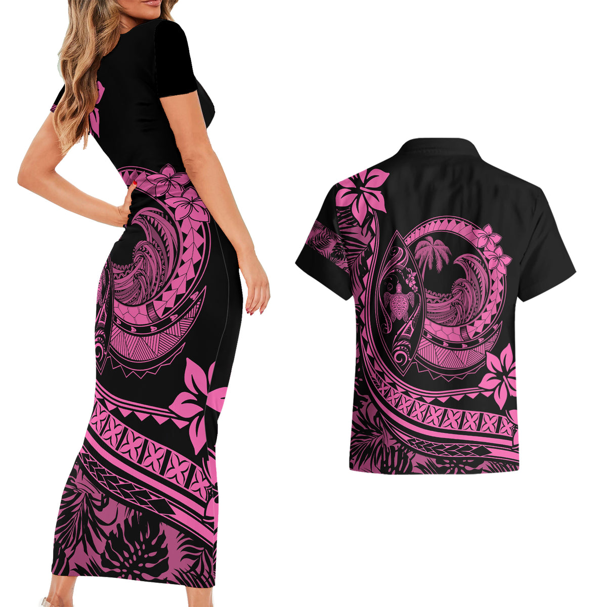 Polynesian Plumeria Couples Matching Short Sleeve Bodycon Dress and Hawaiian Shirt Ride The Waves - Pink LT7 - Wonder Print Shop