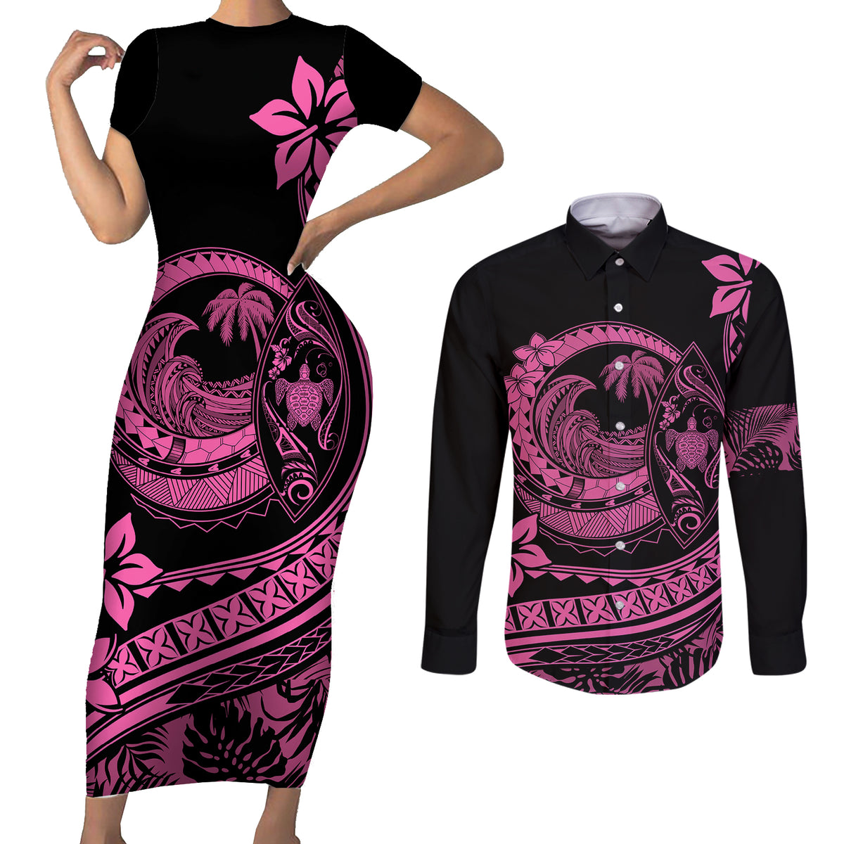 Polynesian Plumeria Couples Matching Short Sleeve Bodycon Dress and Long Sleeve Button Shirts Ride The Waves - Pink LT7 - Wonder Print Shop