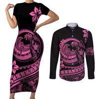 Polynesian Plumeria Couples Matching Short Sleeve Bodycon Dress and Long Sleeve Button Shirts Ride The Waves - Pink LT7 - Wonder Print Shop