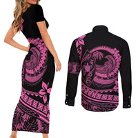 Polynesian Plumeria Couples Matching Short Sleeve Bodycon Dress and Long Sleeve Button Shirts Ride The Waves - Pink LT7 - Wonder Print Shop