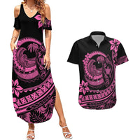Polynesian Plumeria Couples Matching Summer Maxi Dress and Hawaiian Shirt Ride The Waves - Pink LT7 - Wonder Print Shop
