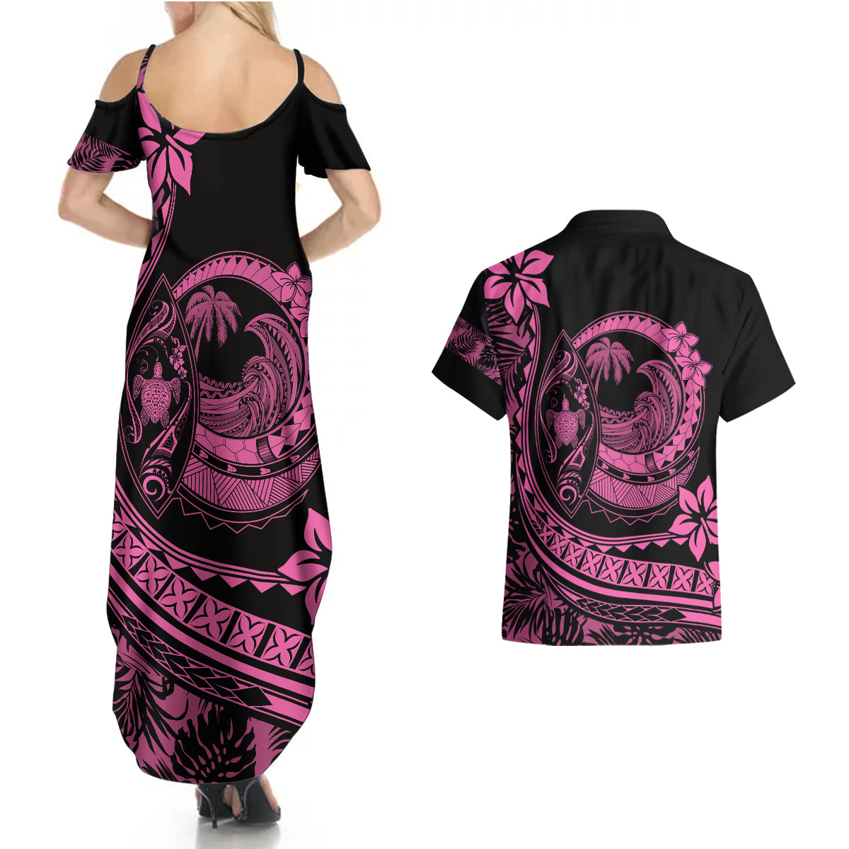 Polynesian Plumeria Couples Matching Summer Maxi Dress and Hawaiian Shirt Ride The Waves - Pink LT7 - Wonder Print Shop
