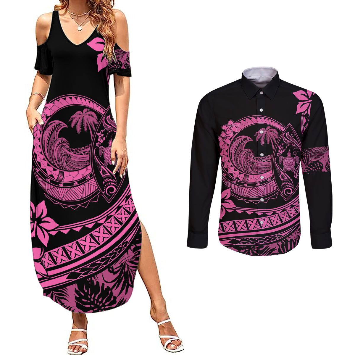 Polynesian Plumeria Couples Matching Summer Maxi Dress and Long Sleeve Button Shirts Ride The Waves - Pink LT7 - Wonder Print Shop