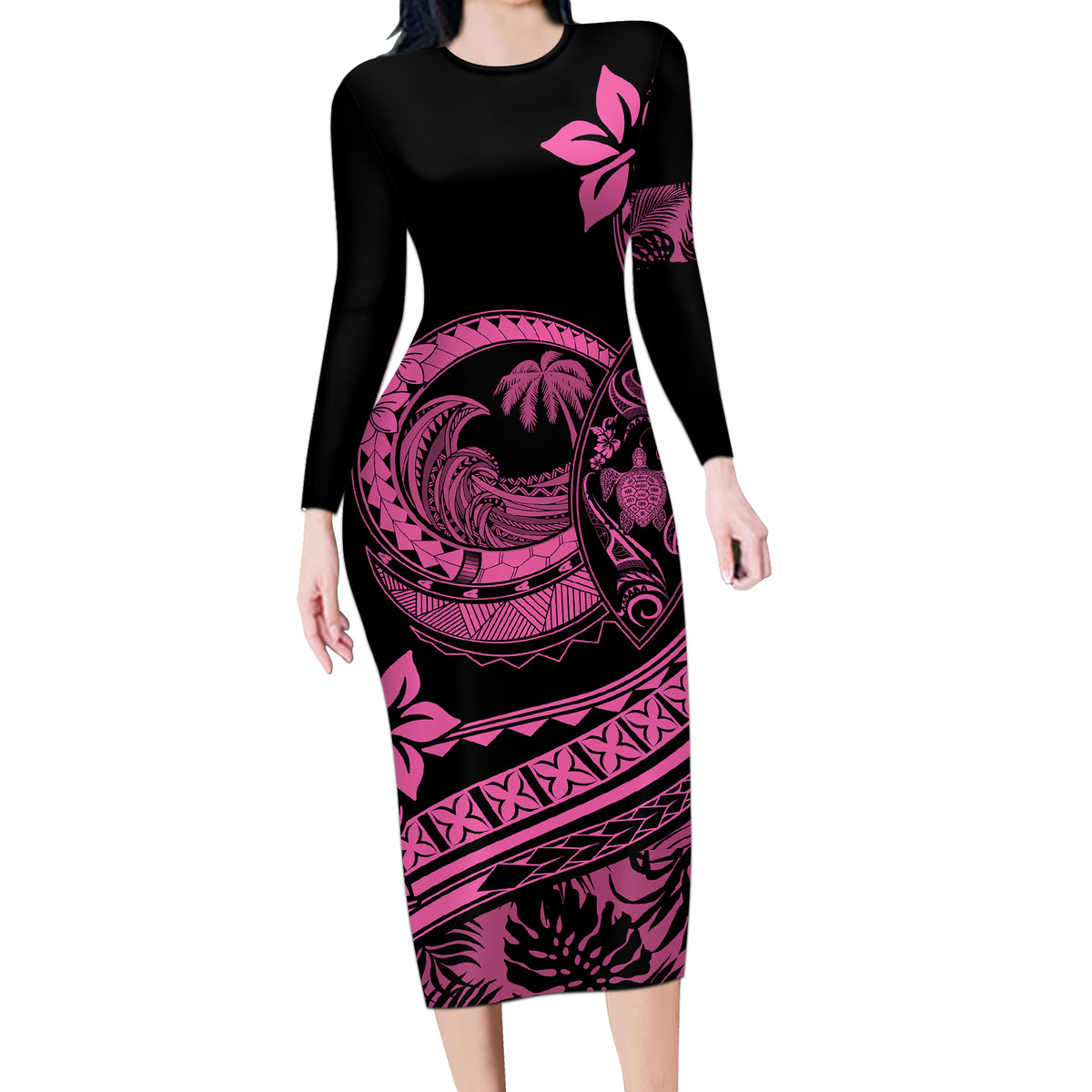 Polynesian Plumeria Long Sleeve Bodycon Dress Ride The Waves - Pink - Wonder Print Shop