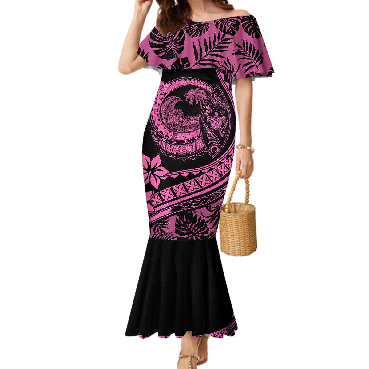 Polynesian Plumeria Mermaid Dress Ride The Waves - Pink - Wonder Print Shop
