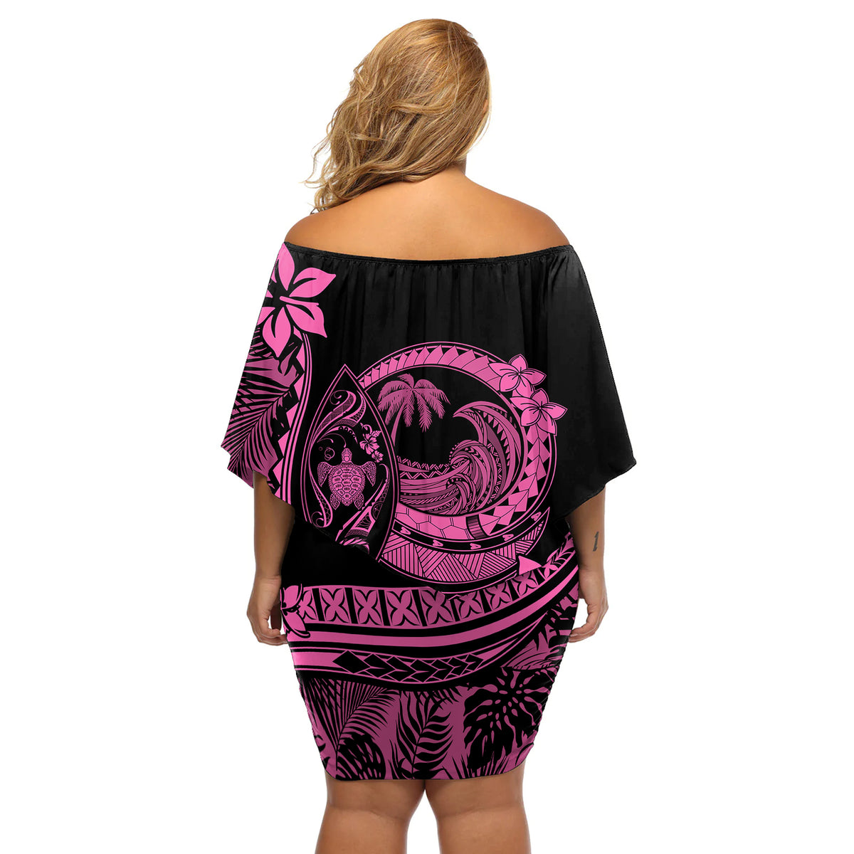 Polynesian Plumeria Off Shoulder Short Dress Ride The Waves - Pink - Wonder Print Shop