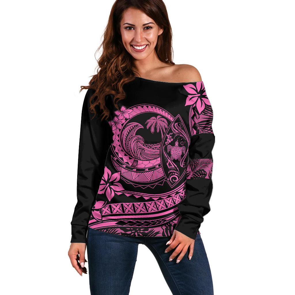 Polynesian Plumeria Off Shoulder Sweater Ride The Waves - Pink - Wonder Print Shop