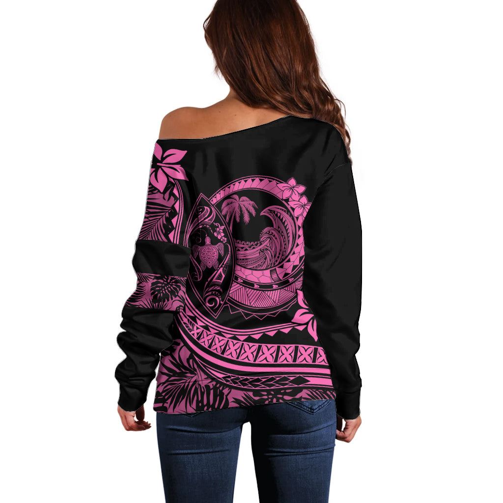 Polynesian Plumeria Off Shoulder Sweater Ride The Waves - Pink - Wonder Print Shop