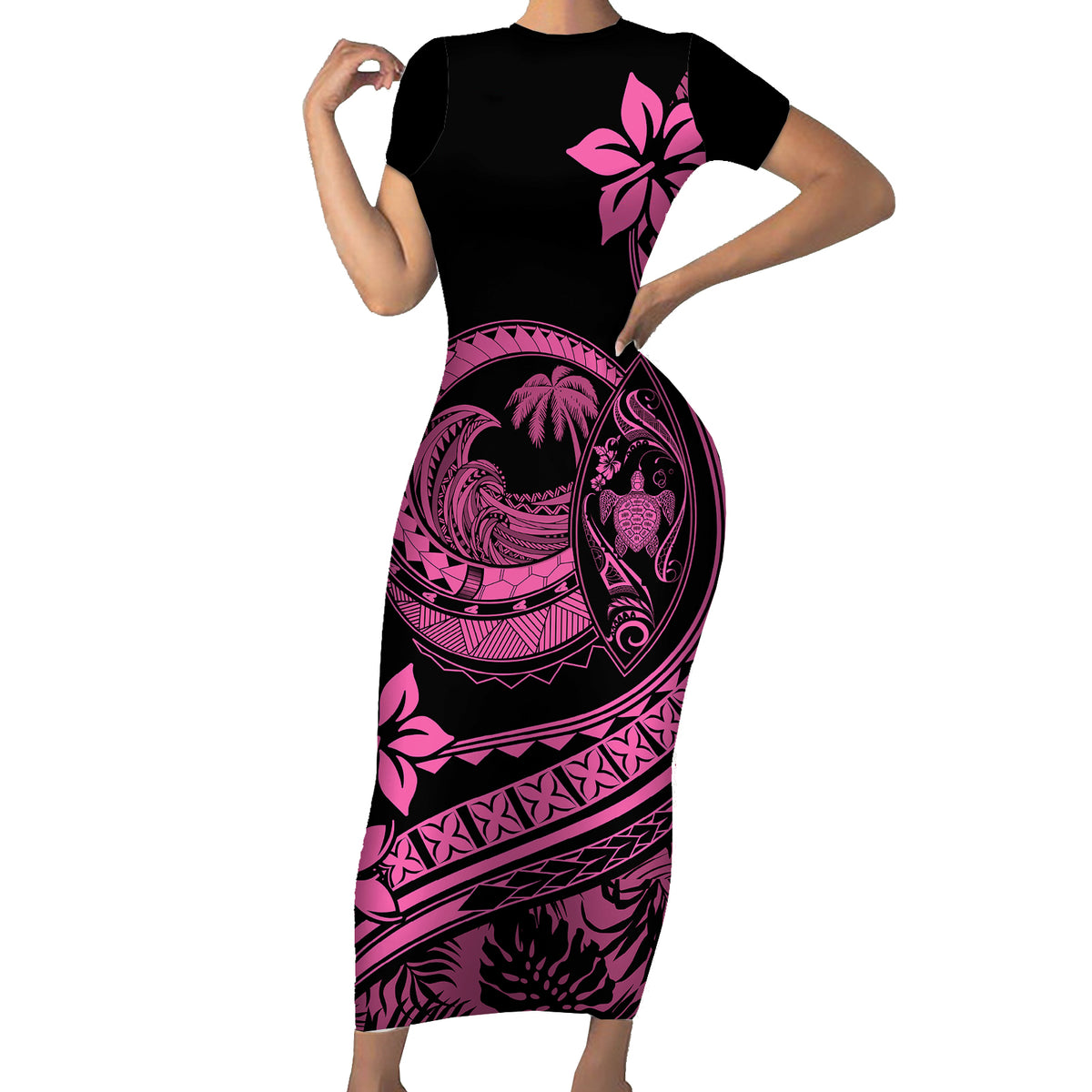 Polynesian Plumeria Short Sleeve Bodycon Dress Ride The Waves - Pink - Wonder Print Shop