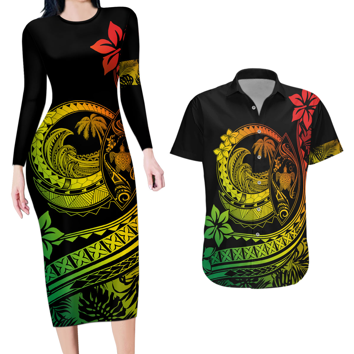 Polynesian Plumeria Couples Matching Long Sleeve Bodycon Dress and Hawaiian Shirt Ride The Waves - Reggae LT7 - Wonder Print Shop