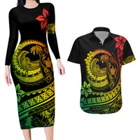 Polynesian Plumeria Couples Matching Long Sleeve Bodycon Dress and Hawaiian Shirt Ride The Waves - Reggae LT7 - Wonder Print Shop