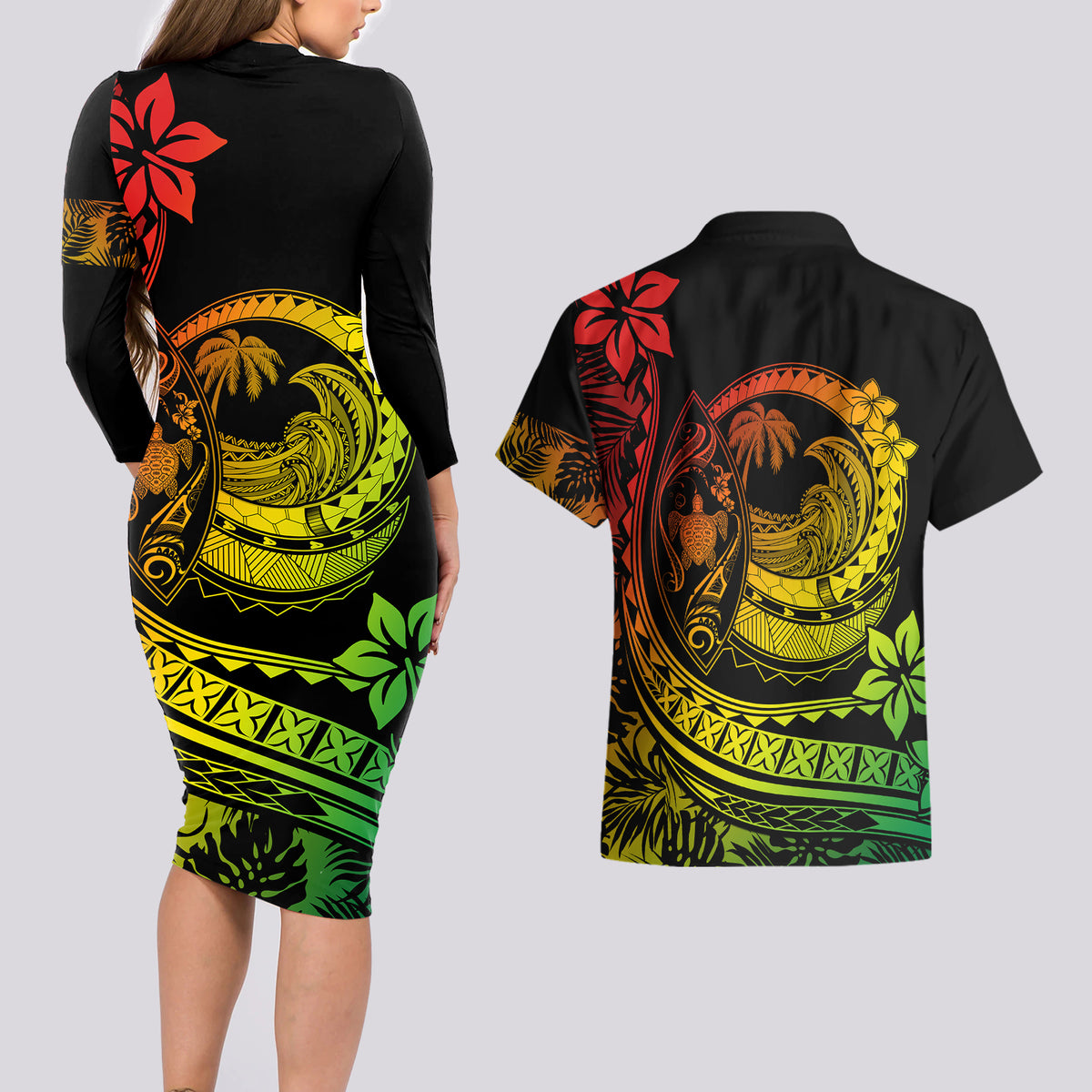 Polynesian Plumeria Couples Matching Long Sleeve Bodycon Dress and Hawaiian Shirt Ride The Waves - Reggae LT7 - Wonder Print Shop