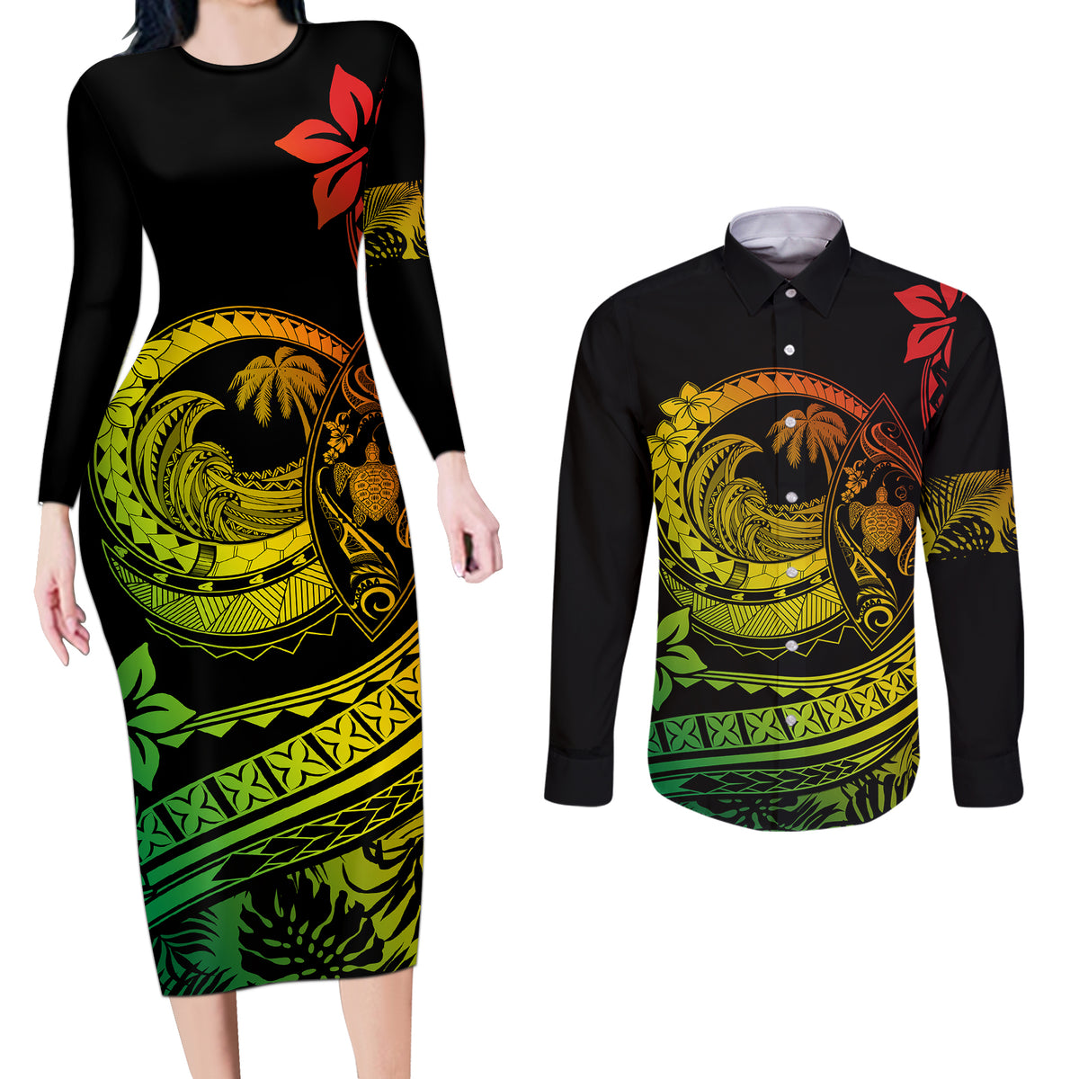 Polynesian Plumeria Couples Matching Long Sleeve Bodycon Dress and Long Sleeve Button Shirts Ride The Waves - Reggae LT7 - Wonder Print Shop