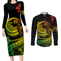 Polynesian Plumeria Couples Matching Long Sleeve Bodycon Dress and Long Sleeve Button Shirts Ride The Waves - Reggae LT7 - Wonder Print Shop