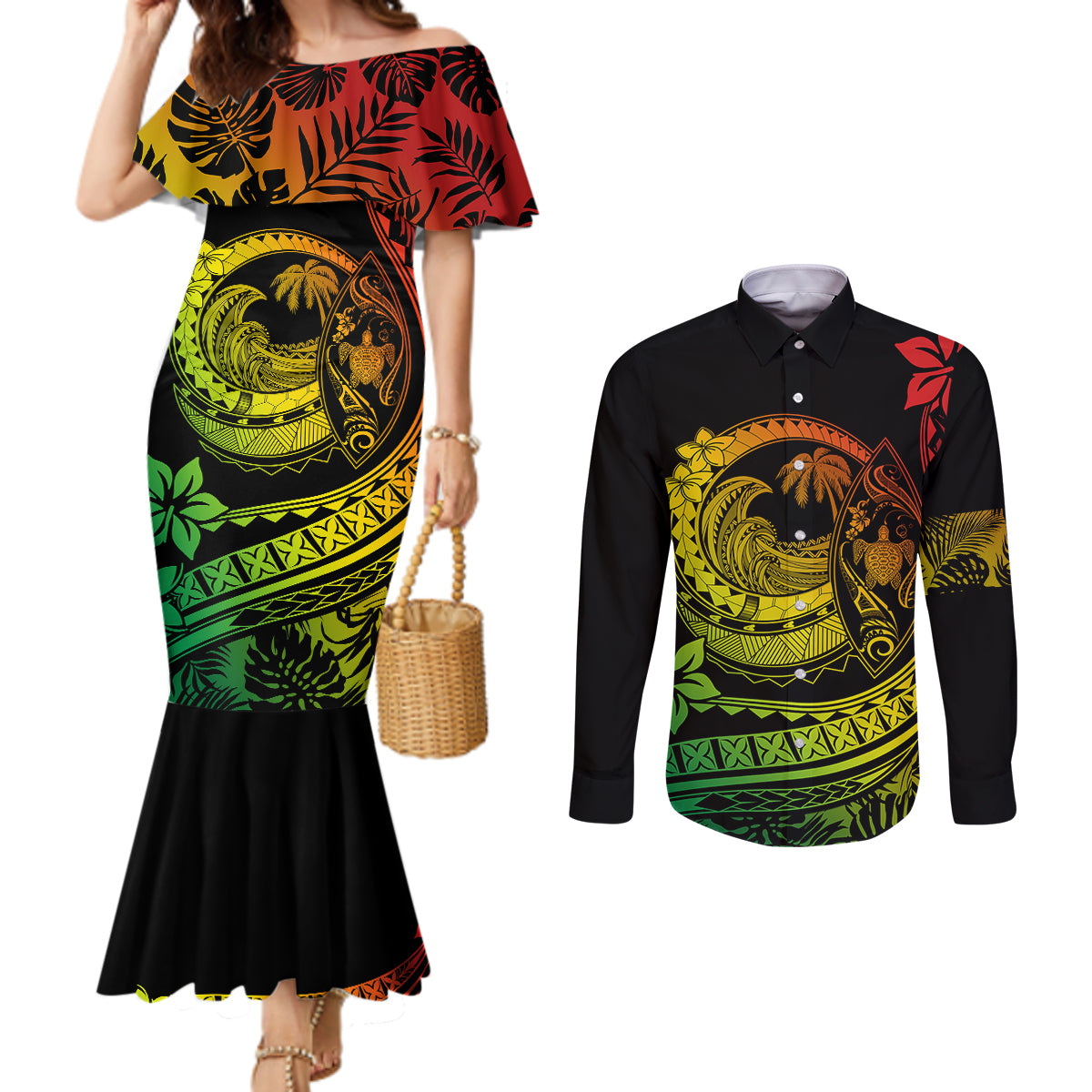 polynesian-plumeria-couples-matching-mermaid-dress-and-long-sleeve-button-shirts-ride-the-waves-reggae