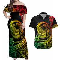 Polynesian Plumeria Couples Matching Off Shoulder Maxi Dress and Hawaiian Shirt Ride The Waves - Reggae LT7 - Wonder Print Shop