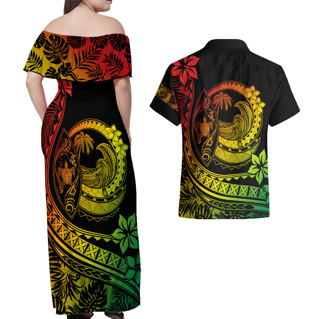 Polynesian Plumeria Couples Matching Off Shoulder Maxi Dress and Hawaiian Shirt Ride The Waves - Reggae LT7 - Wonder Print Shop
