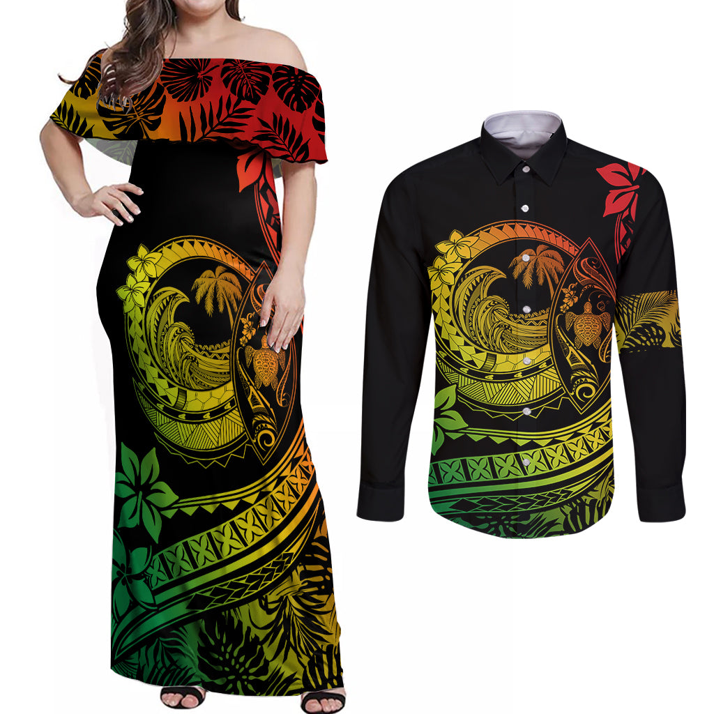 Polynesian Plumeria Couples Matching Off Shoulder Maxi Dress and Long Sleeve Button Shirts Ride The Waves - Reggae LT7 - Wonder Print Shop