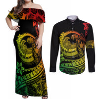 Polynesian Plumeria Couples Matching Off Shoulder Maxi Dress and Long Sleeve Button Shirts Ride The Waves - Reggae LT7 - Wonder Print Shop