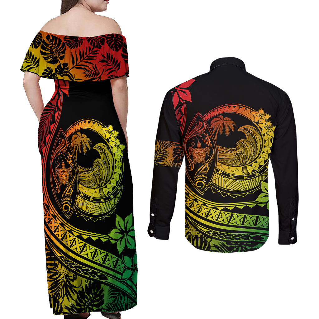 Polynesian Plumeria Couples Matching Off Shoulder Maxi Dress and Long Sleeve Button Shirts Ride The Waves - Reggae LT7 - Wonder Print Shop