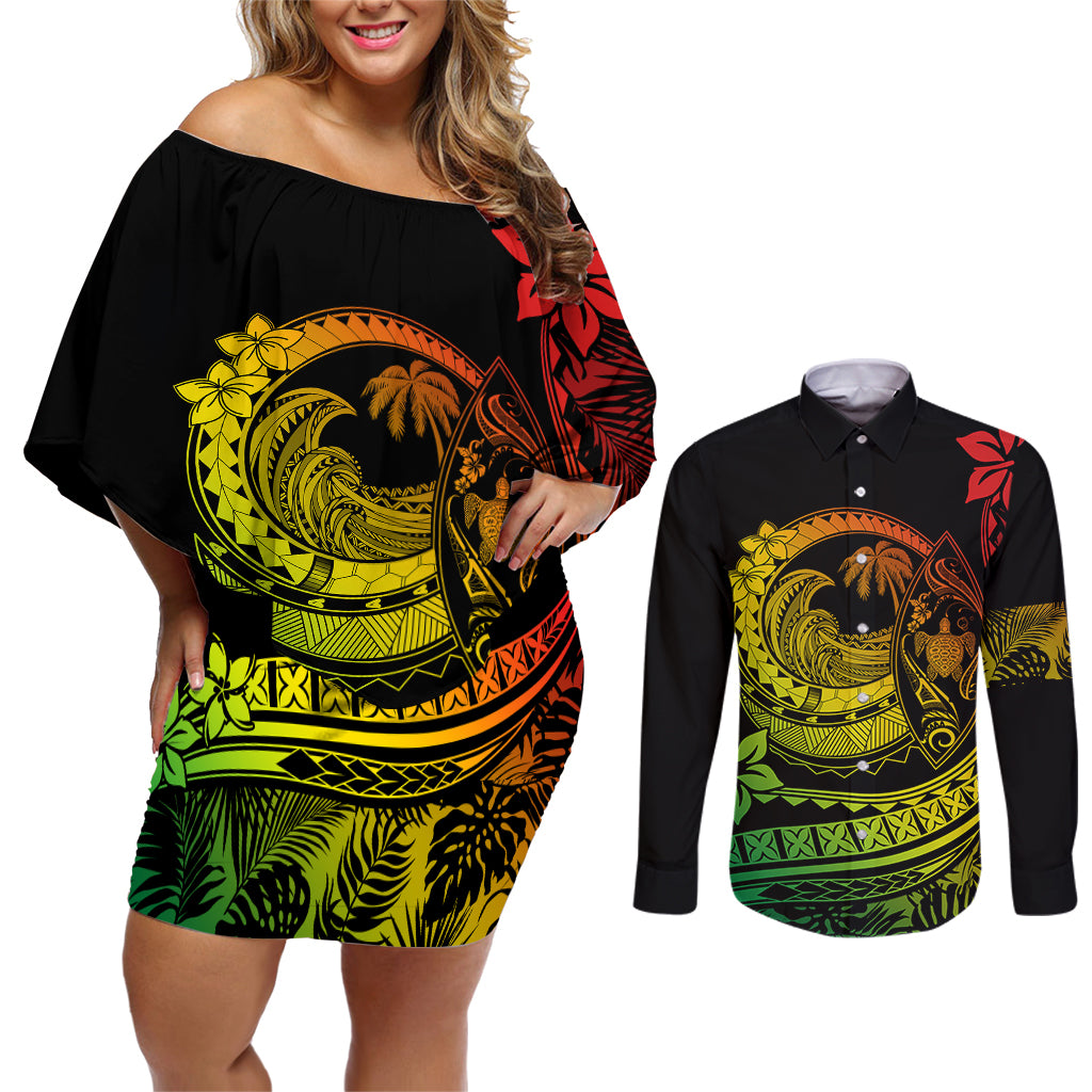 Polynesian Plumeria Couples Matching Off Shoulder Short Dress and Long Sleeve Button Shirts Ride The Waves - Reggae LT7 - Wonder Print Shop