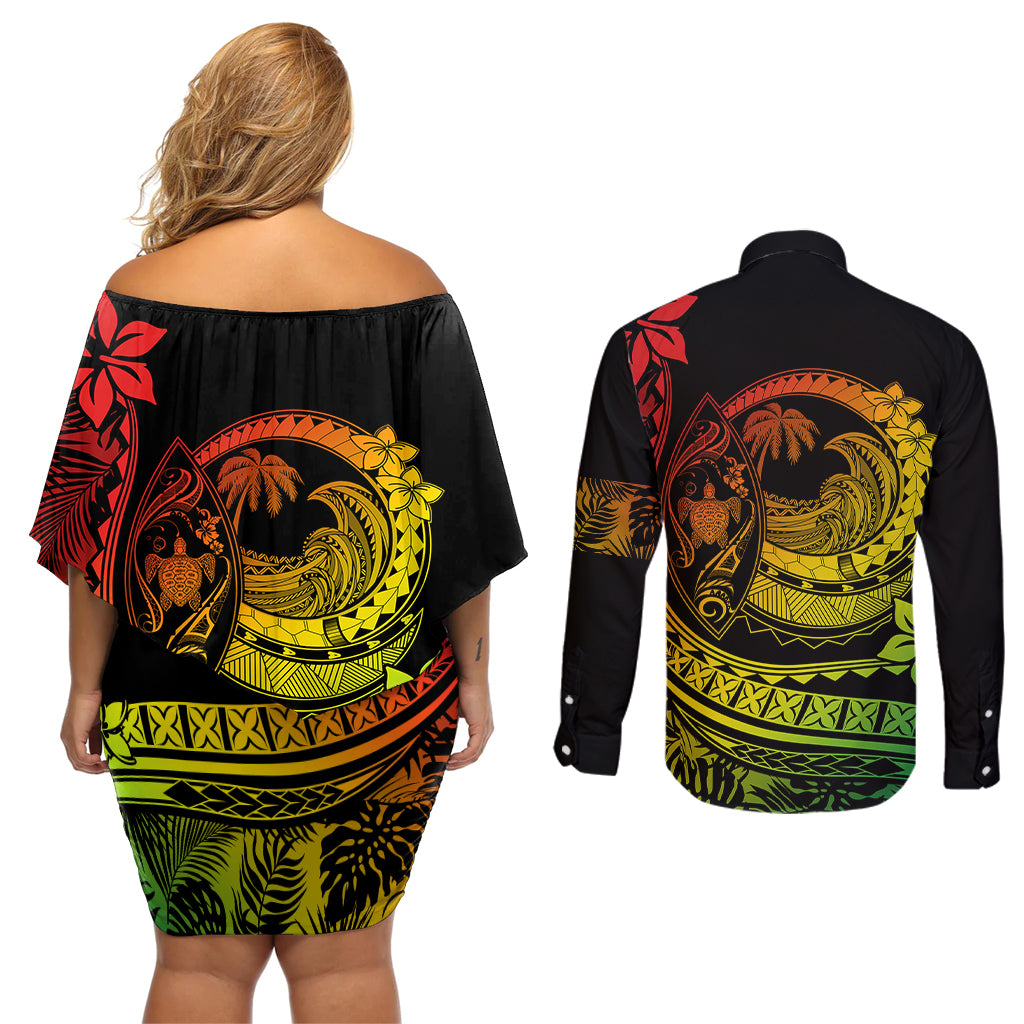 Polynesian Plumeria Couples Matching Off Shoulder Short Dress and Long Sleeve Button Shirts Ride The Waves - Reggae LT7 - Wonder Print Shop