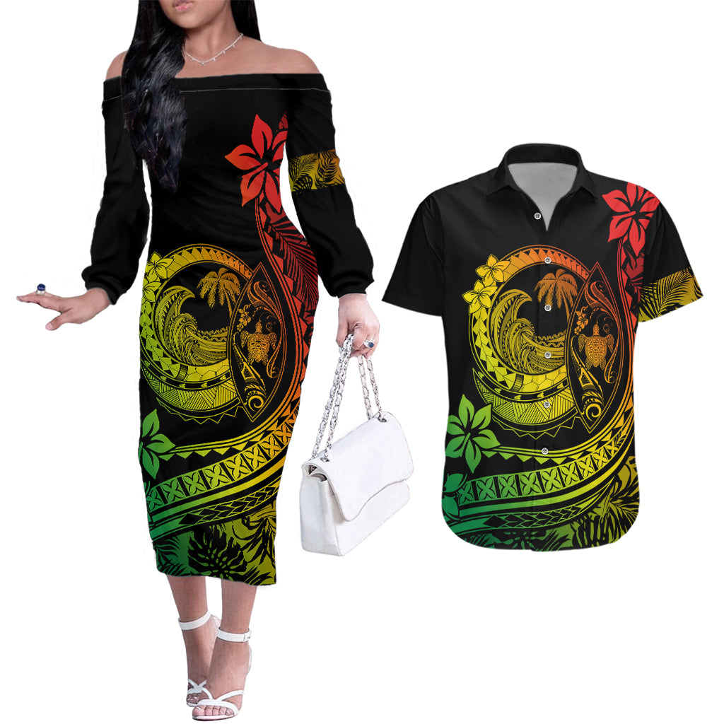 Polynesian Plumeria Couples Matching Off The Shoulder Long Sleeve Dress and Hawaiian Shirt Ride The Waves - Reggae LT7 - Wonder Print Shop