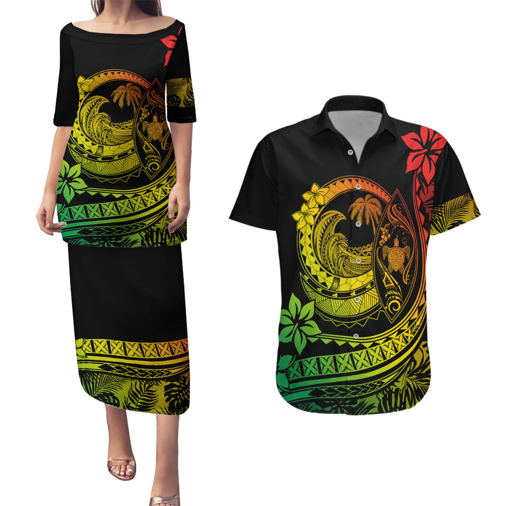 Polynesian Plumeria Couples Matching Puletasi Dress and Hawaiian Shirt Ride The Waves - Reggae LT7 - Wonder Print Shop