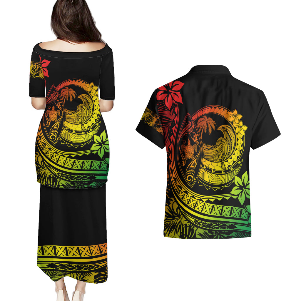 Polynesian Plumeria Couples Matching Puletasi Dress and Hawaiian Shirt Ride The Waves - Reggae LT7 - Wonder Print Shop