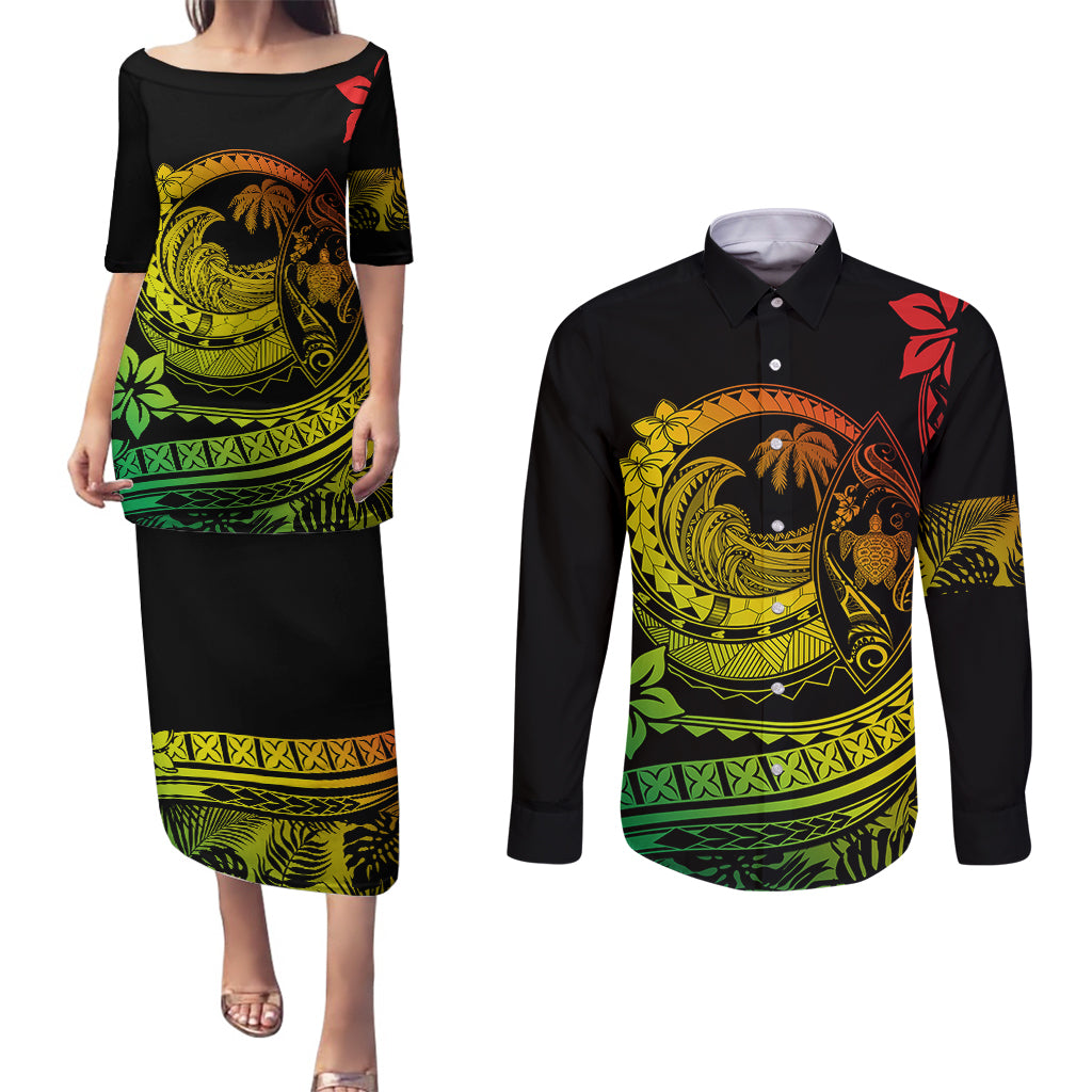 Polynesian Plumeria Couples Matching Puletasi Dress and Long Sleeve Button Shirts Ride The Waves - Reggae LT7 - Wonder Print Shop
