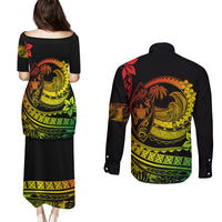 Polynesian Plumeria Couples Matching Puletasi Dress and Long Sleeve Button Shirts Ride The Waves - Reggae LT7 - Wonder Print Shop
