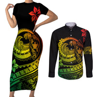 Polynesian Plumeria Couples Matching Short Sleeve Bodycon Dress and Long Sleeve Button Shirts Ride The Waves - Reggae LT7 - Wonder Print Shop