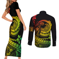 Polynesian Plumeria Couples Matching Short Sleeve Bodycon Dress and Long Sleeve Button Shirts Ride The Waves - Reggae LT7 - Wonder Print Shop