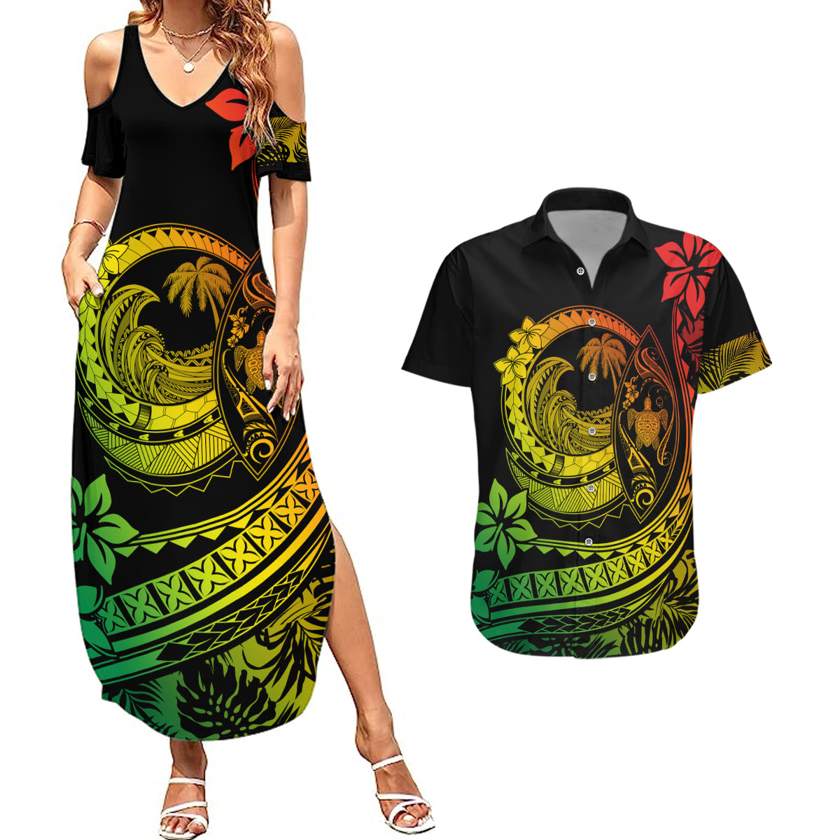 Polynesian Plumeria Couples Matching Summer Maxi Dress and Hawaiian Shirt Ride The Waves - Reggae LT7 - Wonder Print Shop