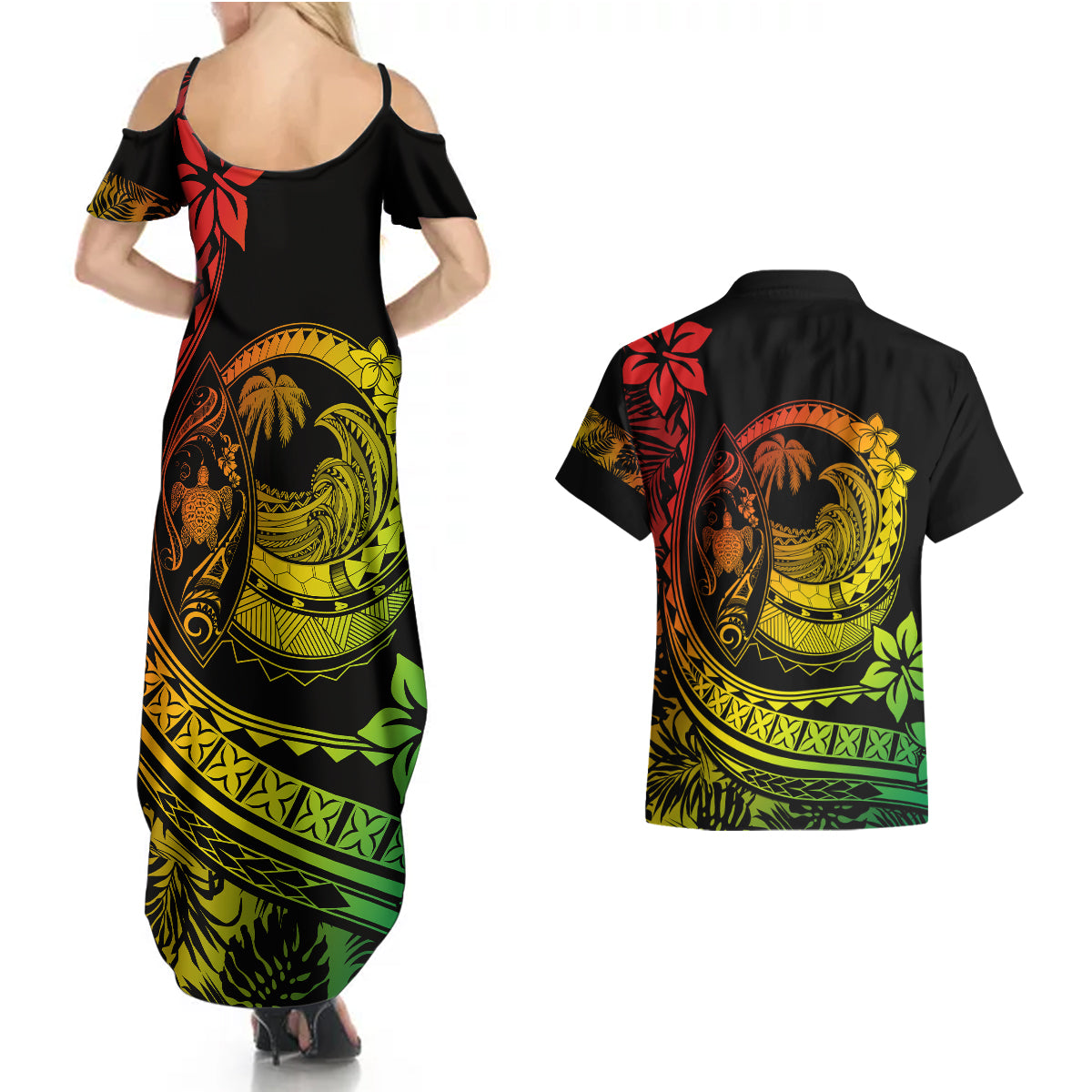 Polynesian Plumeria Couples Matching Summer Maxi Dress and Hawaiian Shirt Ride The Waves - Reggae LT7 - Wonder Print Shop