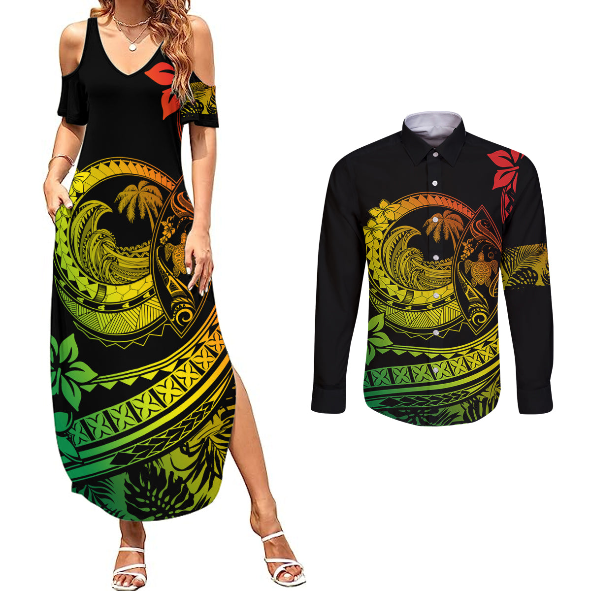 Polynesian Plumeria Couples Matching Summer Maxi Dress and Long Sleeve Button Shirts Ride The Waves - Reggae LT7 - Wonder Print Shop