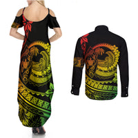 Polynesian Plumeria Couples Matching Summer Maxi Dress and Long Sleeve Button Shirts Ride The Waves - Reggae LT7 - Wonder Print Shop