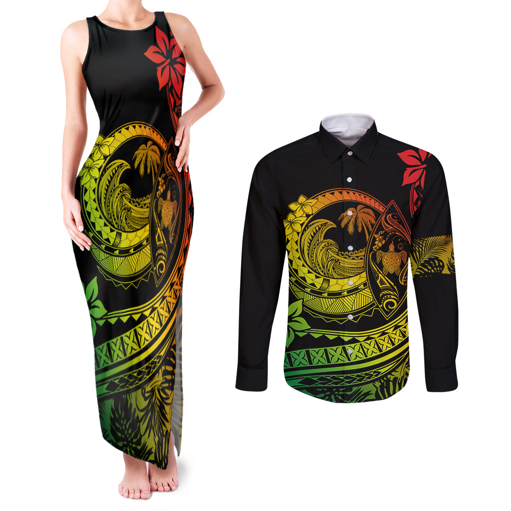 Polynesian Plumeria Couples Matching Tank Maxi Dress and Long Sleeve Button Shirts Ride The Waves - Reggae LT7 - Wonder Print Shop