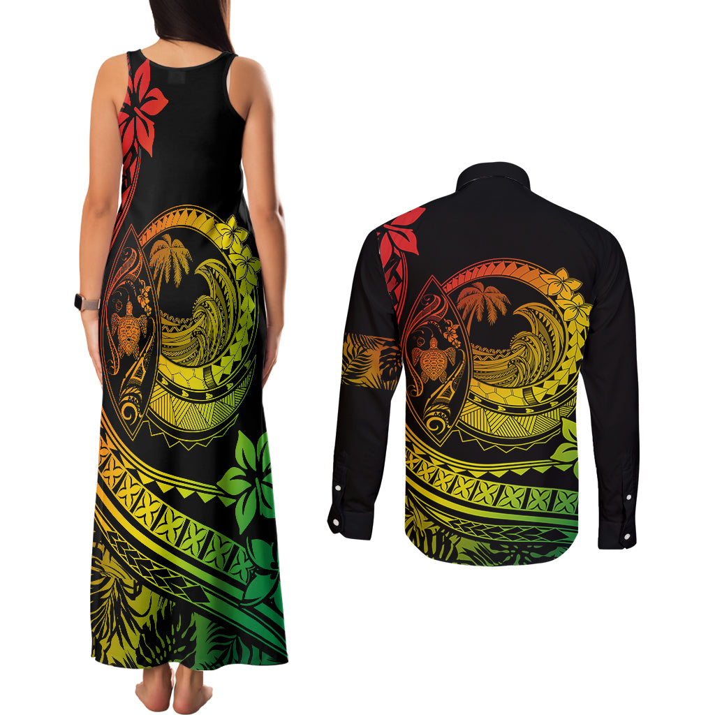 Polynesian Plumeria Couples Matching Tank Maxi Dress and Long Sleeve Button Shirts Ride The Waves - Reggae LT7 - Wonder Print Shop