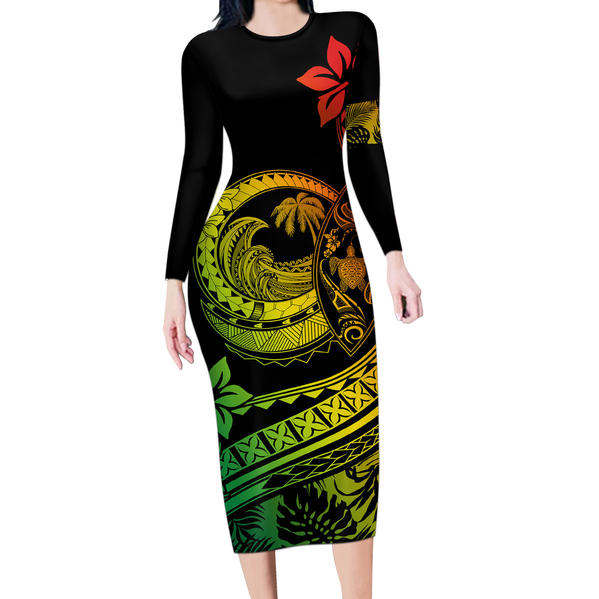 Polynesian Plumeria Long Sleeve Bodycon Dress Ride The Waves - Reggae - Wonder Print Shop