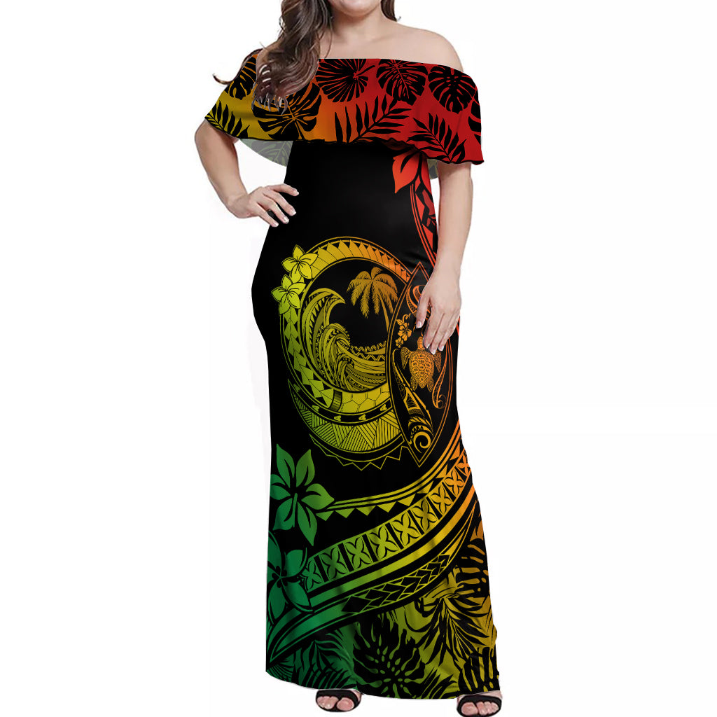 Polynesian Plumeria Off Shoulder Maxi Dress Ride The Waves - Reggae - Wonder Print Shop
