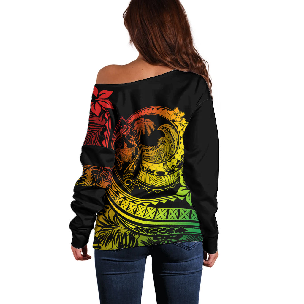 Polynesian Plumeria Off Shoulder Sweater Ride The Waves - Reggae - Wonder Print Shop