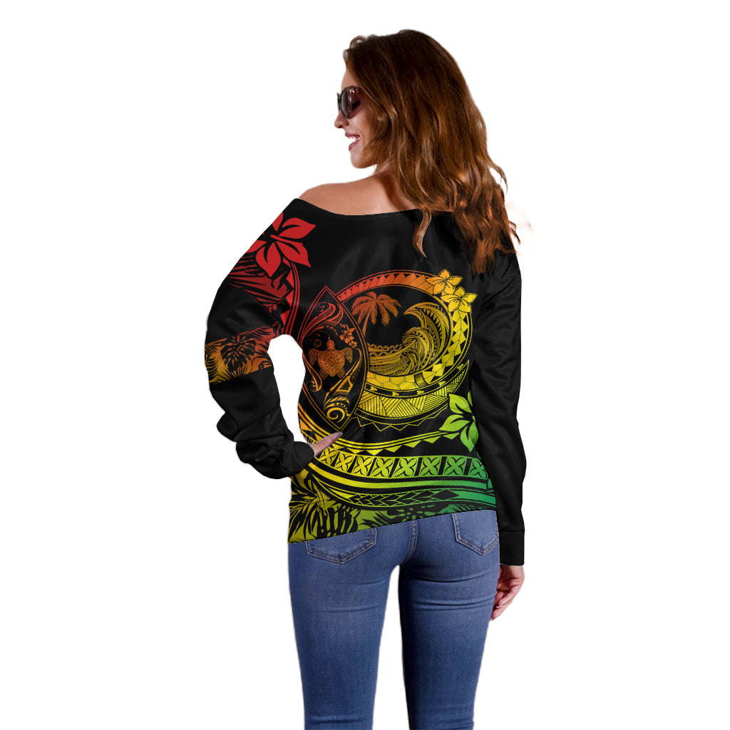 Polynesian Plumeria Off Shoulder Sweater Ride The Waves - Reggae - Wonder Print Shop