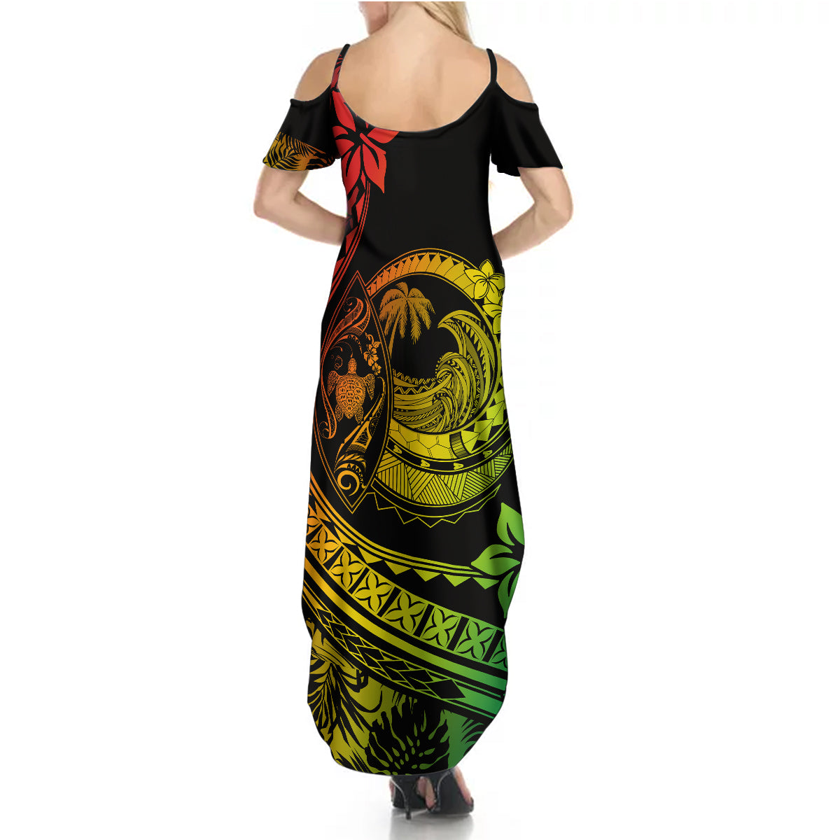 Polynesian Plumeria Summer Maxi Dress Ride The Waves - Reggae - Wonder Print Shop